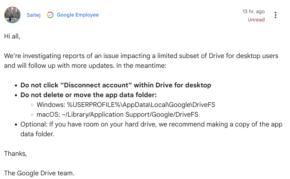 Perdita di dati Google Drive
