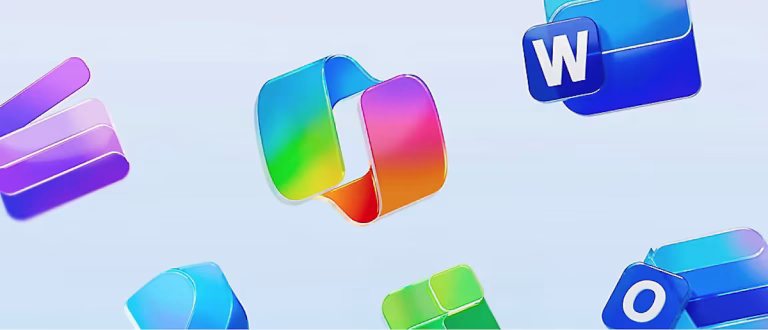 Colorful floating Office app icons (Word, Excel, PowerPoint, Outlook) on a light blue background.