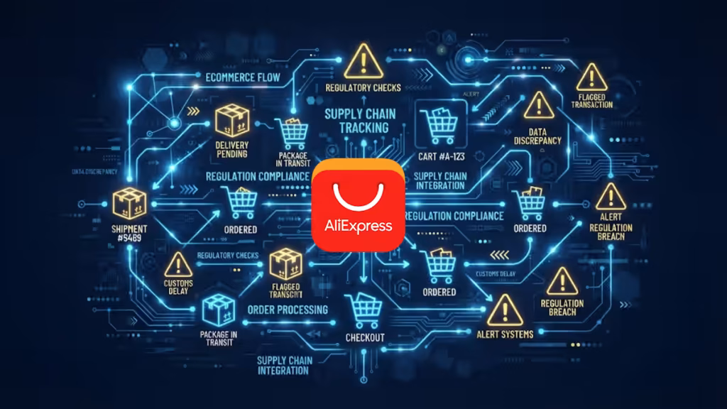 AliExpress sanzionata dall’UE con 550 milioni di euro per violazioni del Digital Services Act Blue neon infographic of supply chain with warnings and icons surrounding a central AliExpress logo, illustrating ecommerce logistics.