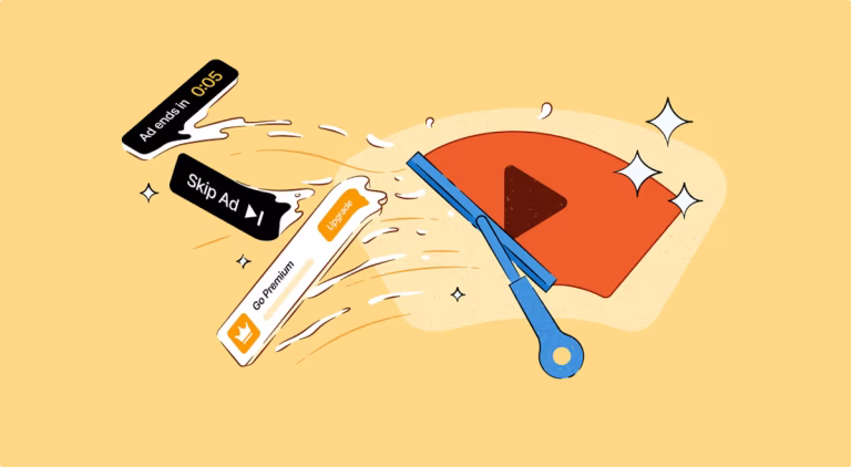 Cartoon of a blue pair of scissors slicing across floating ad banners reading 'Skip Ad' and 'Ad ends in 0:05' beside a red play button on a yellow background.