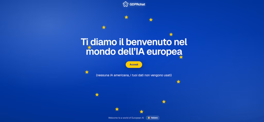 GDPRchat, il nuovo chatbot UE basato su Mistral AI e conforme al GDPR Hero banner welcoming users to European AI: blue gradient with EU stars, Italian headline and yellow Accedi button.