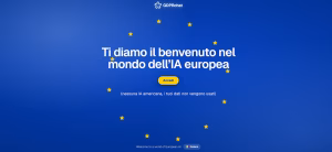 Hero banner welcoming users to European AI: blue gradient with EU stars, Italian headline and yellow Accedi button.
