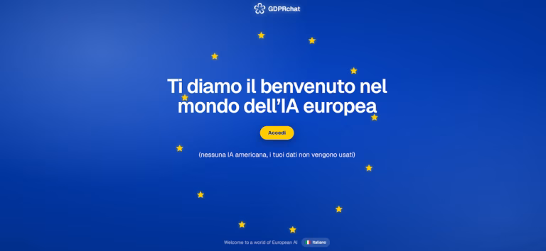 GDPRchat, il nuovo chatbot UE basato su Mistral AI e conforme al GDPR Hero banner welcoming users to European AI: blue gradient with EU stars, Italian headline and yellow Accedi button.