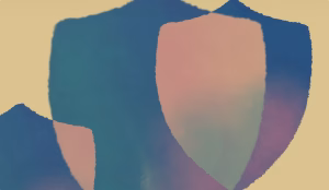 Abstract color-block artwork with overlapping blue, peach, and purple shapes on a beige background.