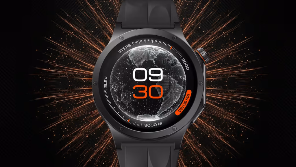 Smartwatch close-up showing a globe dial with white 09 and orange 30 on a black background with orange accents.