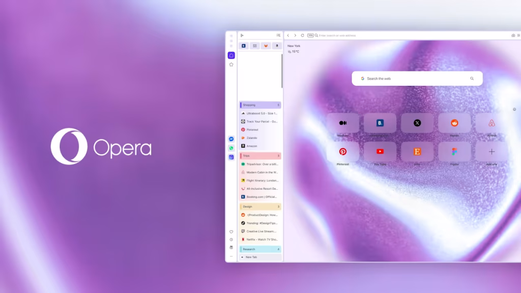 Opera brand banner: purple gradient background with the Opera logo on the left and a blurred browser window preview on the right.