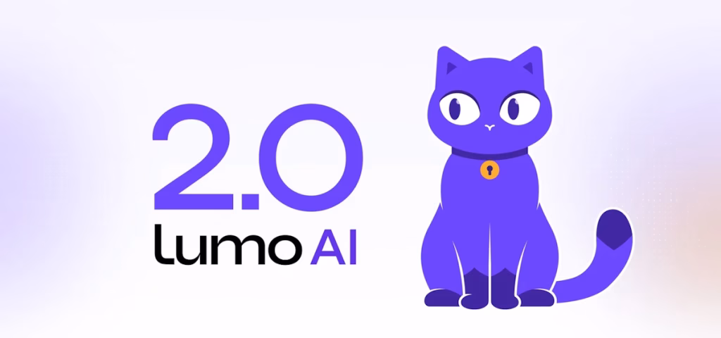 Lumo AI 2.0 logo with a purple cat mascot to the right on a pale gradient background.