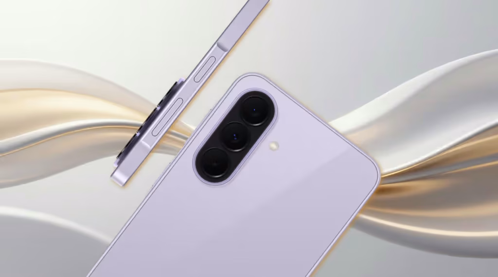 Lavender smartphone with a triple-camera back and a stylus hovering beside it on a soft abstract background.
