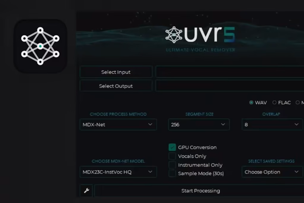 UI screenshot of UVR5 Ultimate Vocal Remover settings: input/output selectors, MDX-Net method, segment size 256, overlap 8, with checkboxes for GPU conversion and other options, and Start Processing button.