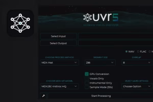 UI screenshot of UVR5 Ultimate Vocal Remover settings: input/output selectors, MDX-Net method, segment size 256, overlap 8, with checkboxes for GPU conversion and other options, and Start Processing button.