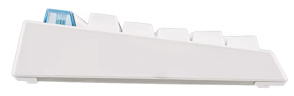 Side view of a white computer keyboard with a blue-tinted key area on the top-left, seen from the back edge.