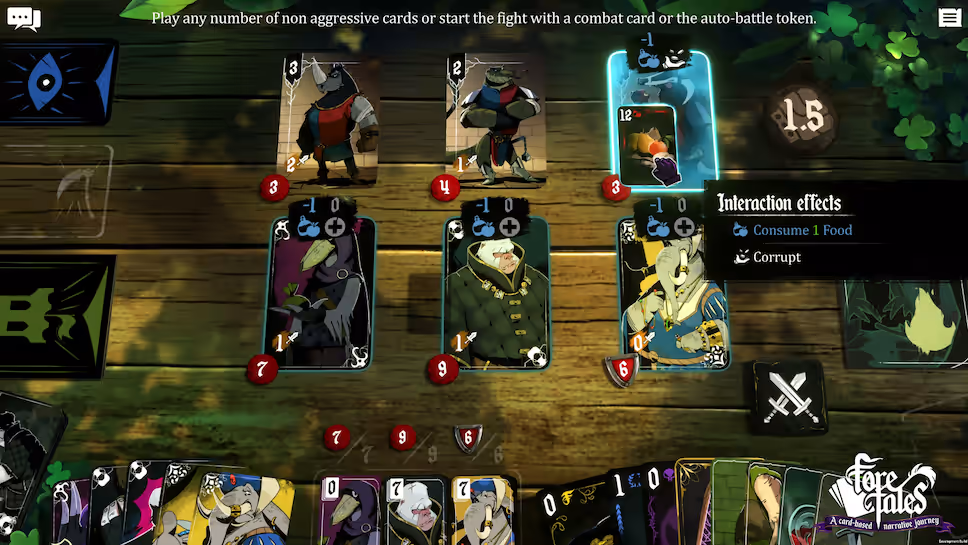 Digital card battle scene with six face-up cards on a wooden board, a glowing blue card on the right, and a hand of cards at the bottom.