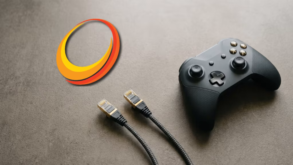 Sunshine: il tuo PC da gaming può arrivare su qualsiasi schermo di casa Orange circular logo next to a game controller and two HDMI cables on a gray tabletop surface.