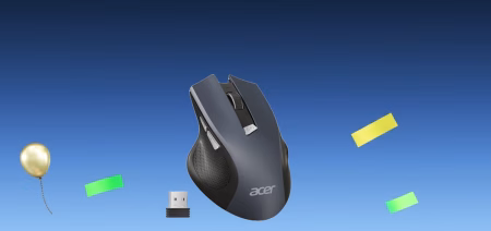 Acer wireless mouse with USB dongle on a festive gradient blue background with a gold balloon and colorful confetti pieces nearby.