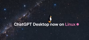 Banner text reads 'ChatGPT Desktop now on Linux' with Tux the Linux penguin on a starry space background and a pink Linux dot.