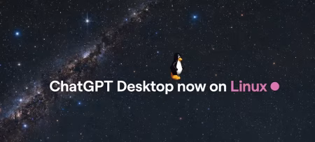 Banner text reads 'ChatGPT Desktop now on Linux' with Tux the Linux penguin on a starry space background and a pink Linux dot.
