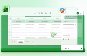 Green-tinted Excel-like interface with a highlighted data range in the center and a Copilot pane on the right.