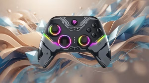 Futuristic game controller with glowing RGB ring lights, floating in an abstract, swirling background.