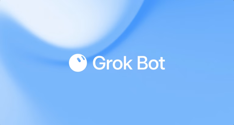 Grok Bot in beta, l’agente AI di SpaceXAI che lavora da solo per te Grok Bot logo on a blue gradient background with a circular emblem and white text.