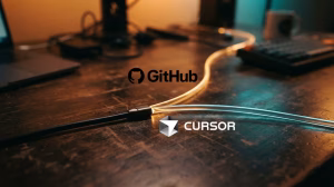 Cursor lancia Origin, la sua alternativa a GitHub Desk scene with glowing cables and overlaid GitHub and Cursor logos, centered on the workbench surface.