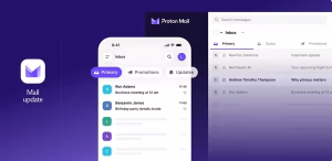 Proton Mail marketing graphic showing a mobile inbox with Primary, Promotions, Updates tabs on a purple gradient background and 'Mail update' label on the left panel.