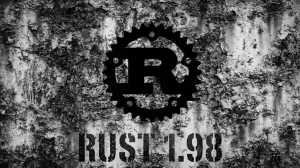 Black-and-white rust-streaked background with a circular gear housing a bold 'R' logo and the text 'RUST 1.98' beneath.