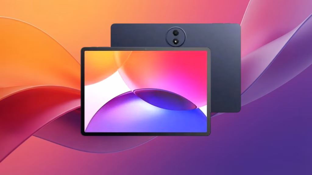 Tablet with black frame displaying colorful abstract wallpaper, shown front and back against an orange–purple gradient background.