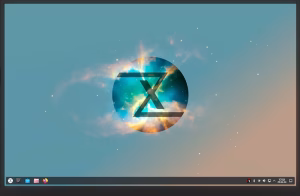 TUXEDO OS apre la open beta su Debian Testing Cosmic-themed desktop wallpaper with a glowing circular emblem containing an angular X at the center, on a blue-to-orange gradient background.