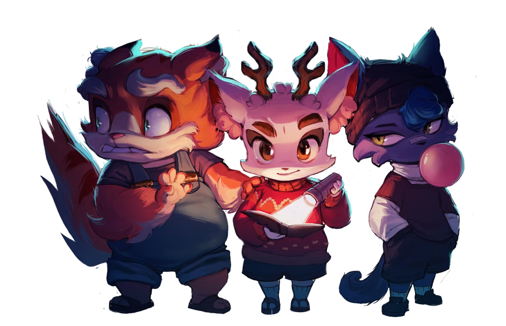 Three cartoon animal friends: left a red-furred beaver, center a deer wearing a sweater reading a book with a flashlight, right a purple dragon blowing a bubble.