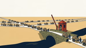 decine di carretti carichi di casse percorrono strade diverse che confluiscono tutte su un unico ponte di pietra, dove un uomo seduto in un casello rosso con la sbarra alzata annota il passaggio su un registro.