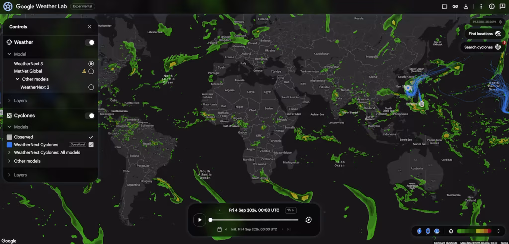 WeatherNext 3, il meteo di Google prevede dai dati dei satelliti La copertura globale di WeatherNext 3 su Weather Lab