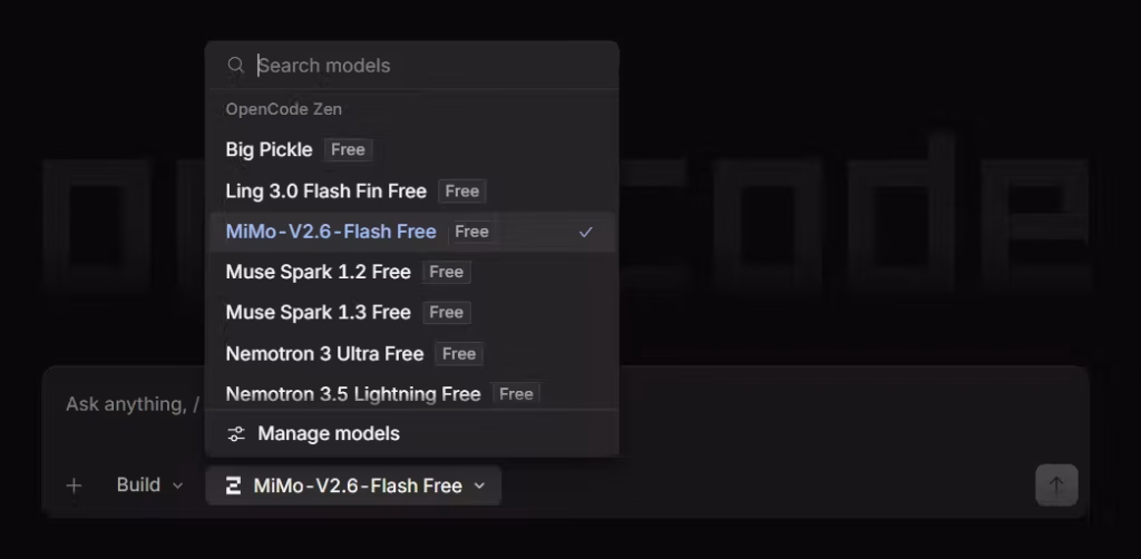 MiMo-V2.6-Flash Free attivo nel selettore di OpenCode, accanto agli altri modelli gratuiti del servizio Zen.