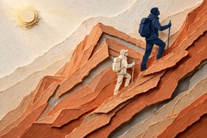 Illustrazione in carta ritagliata a strati: due escursionisti salgono una cresta color terracotta, uno grande in blu navy davanti e uno più piccolo color crema poco dietro, sotto un sole pallido.